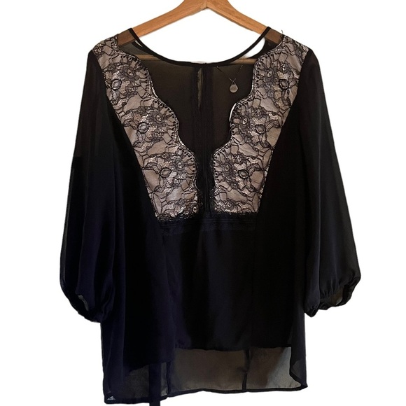 BKE Sheer Satin Black Boho Top Size L - Picture 1 of 4